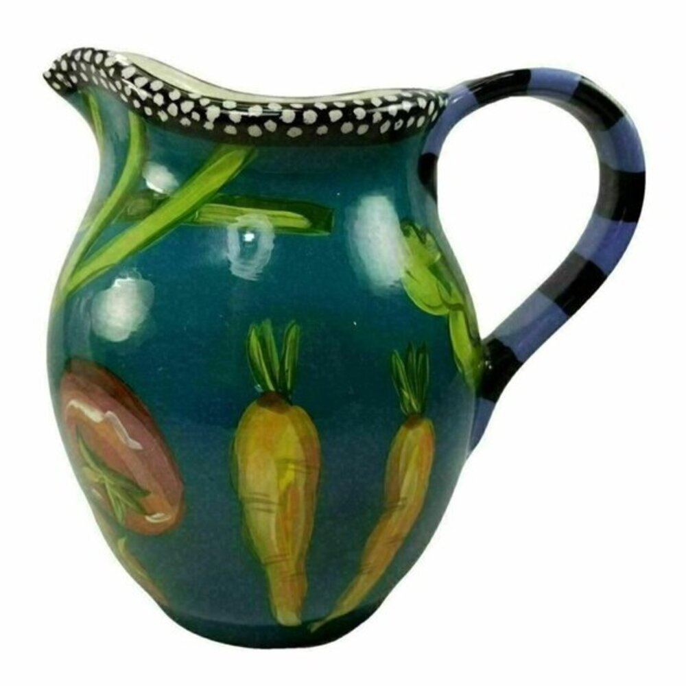 Droll Designs Pitcher Teal Art Pottery Round Jug Signed Handpainted Vintage READ